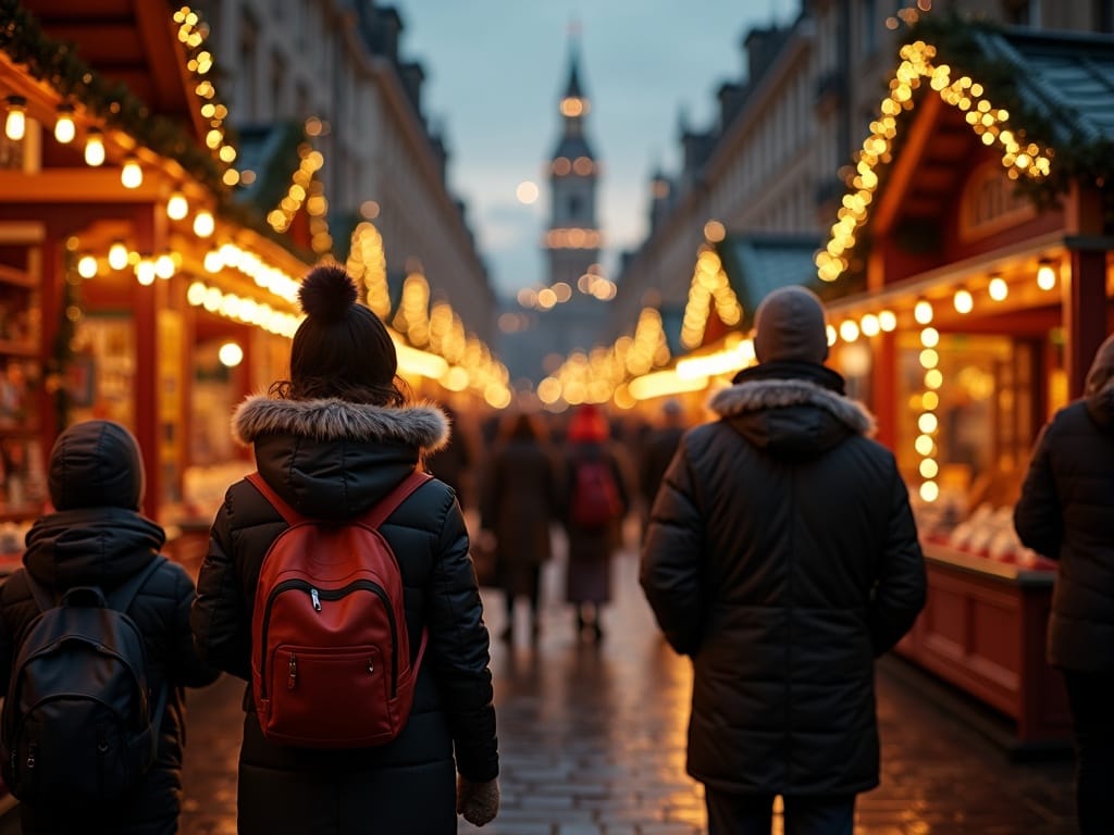 Familia disfrutando de un mercado navideño del Reino Unido bajo luces festivas en Londres