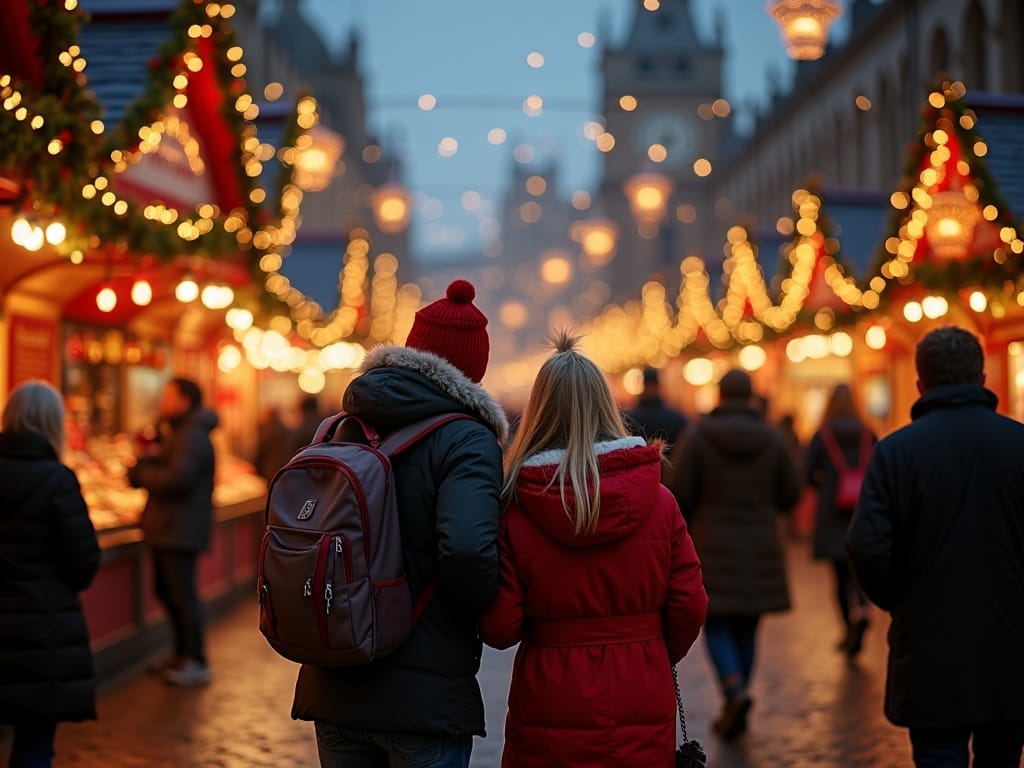 लंदन में एक यूके क्रिसमस बाज़ार में परिवार त्योहारी रोशनी और स्टॉल का आनंद ले रहा है।