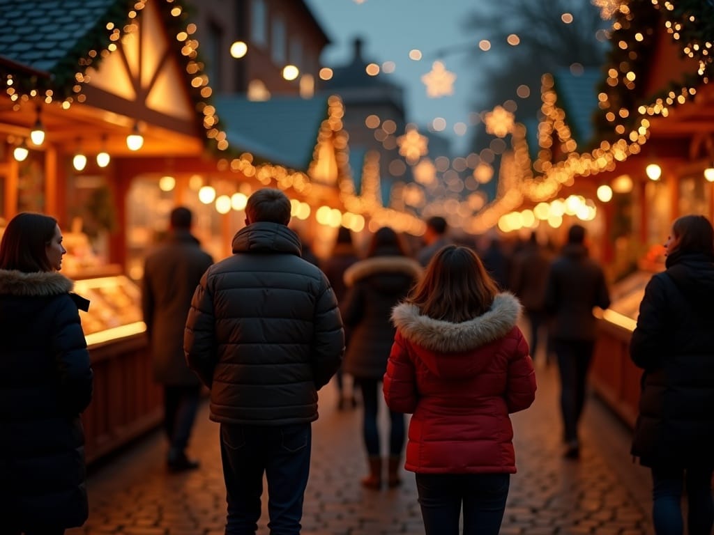 परिवार रात में त्योहारी रोशनी के तहत UK क्रिसमस मार्केट का आनंद ले रहा है