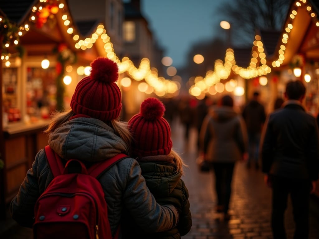 Family enjoying UK Christmas market with festive lights and cheer