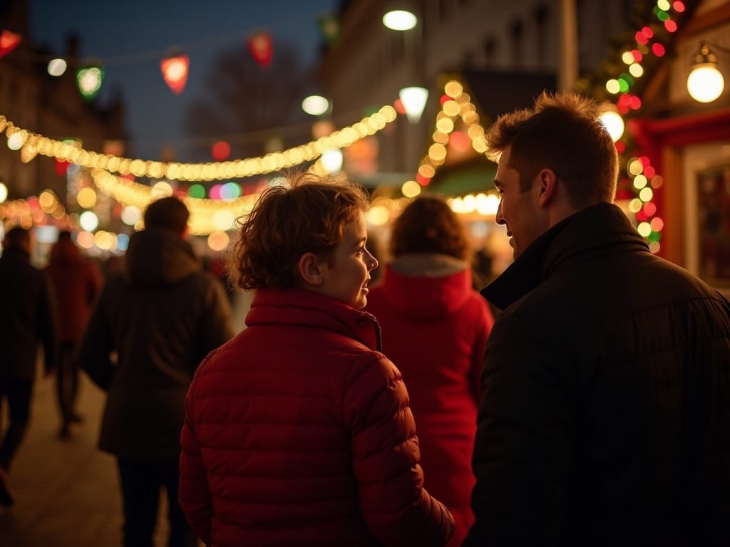 Familia comprando en un mercado navideño del Reino Unido con luces festivas por la tarde