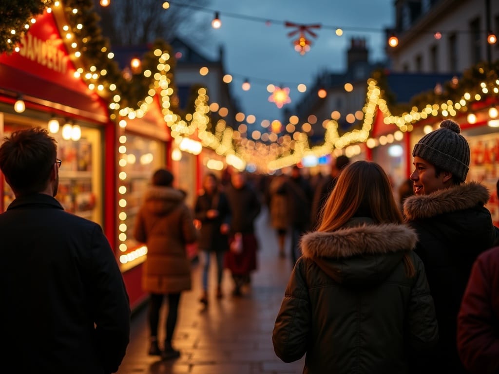 Keluarga menikmati malam di pasar Natal di Inggris dengan lampu-lampu dan kios-kios liburan