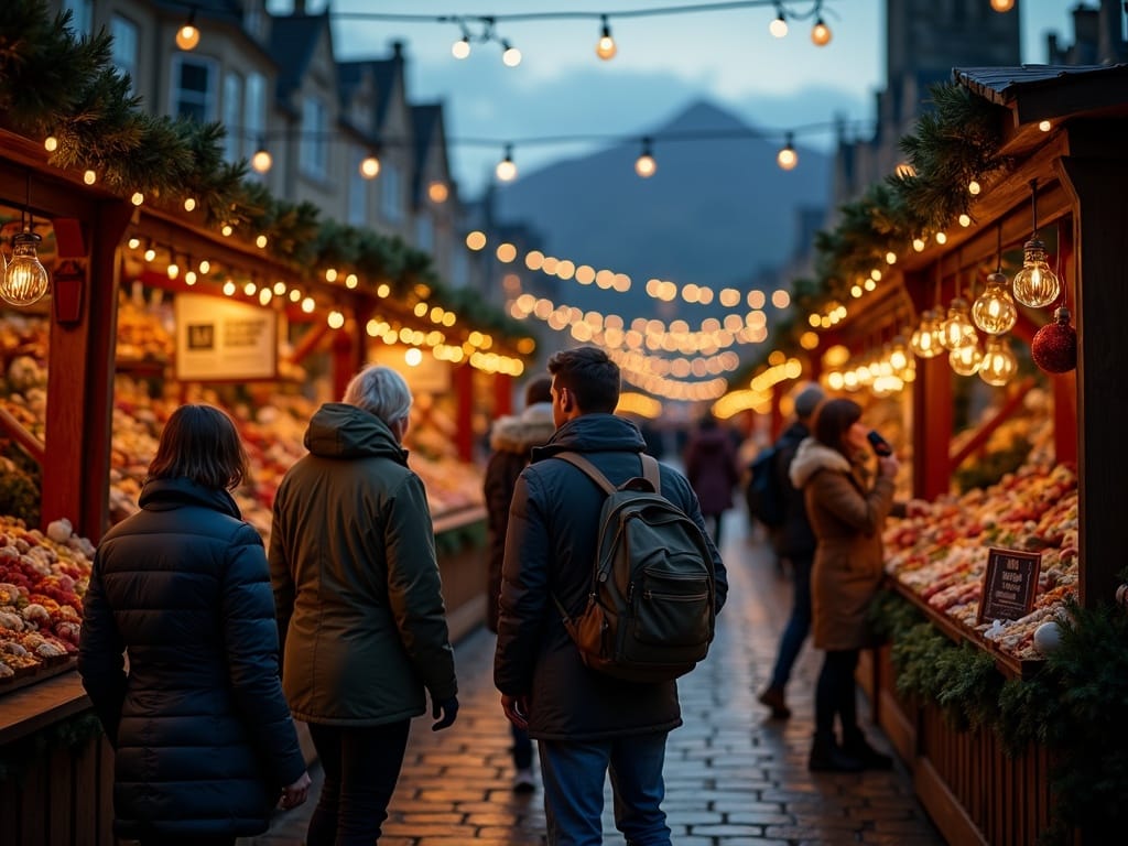 परिवार रात में उत्सव की रोशनी और छुट्टियों के स्टॉल के साथ यूके के क्रिसमस बाज़ार का आनंद ले रहा है।