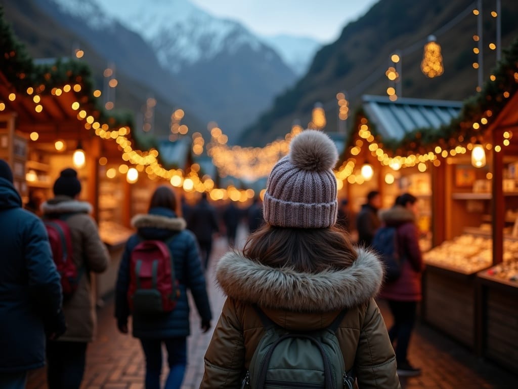 Οικογένεια περπατάει στη χριστουγεννιάτικη αγορά του Ηνωμένου Βασιλείου τη νύχτα με φώτα διακοπών και πολύχρωμους πάγκους