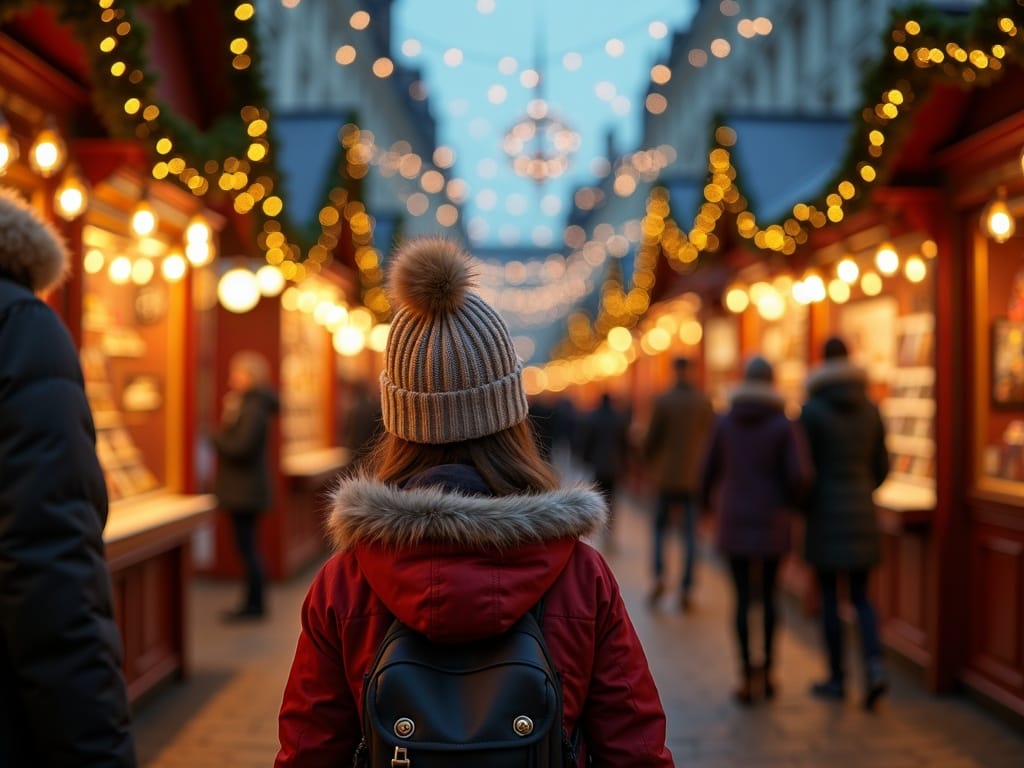 Family enjoying red, green, and gold lit UK Christmas market at night
