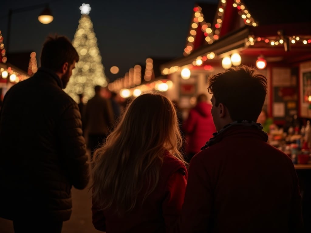 ロンドンのお祭りライトの下でUK Christmas市場を楽しむ家族