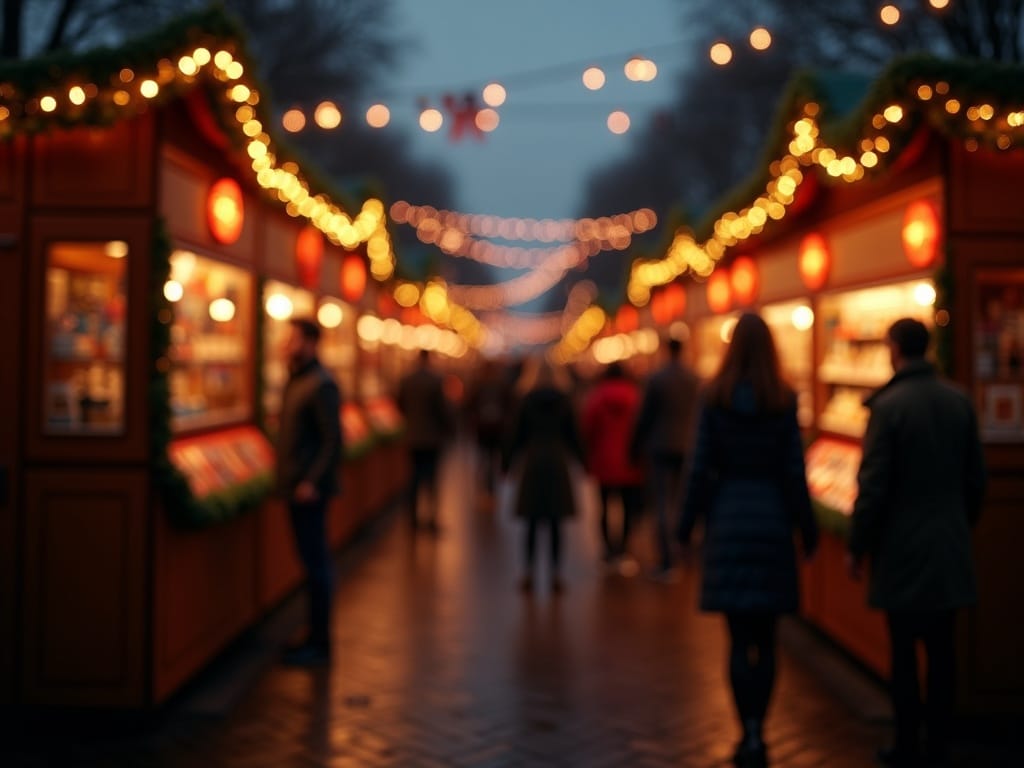 Una familia disfrutando de un mercado navideño del Reino Unido por la noche bajo luces festivas rojo, verde y oro
