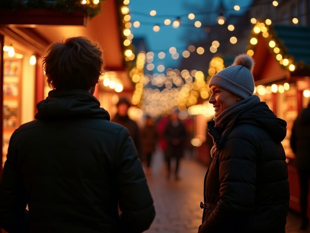 Famiglia che si gode il mercatino di Natale del Regno Unito con le luci della sera