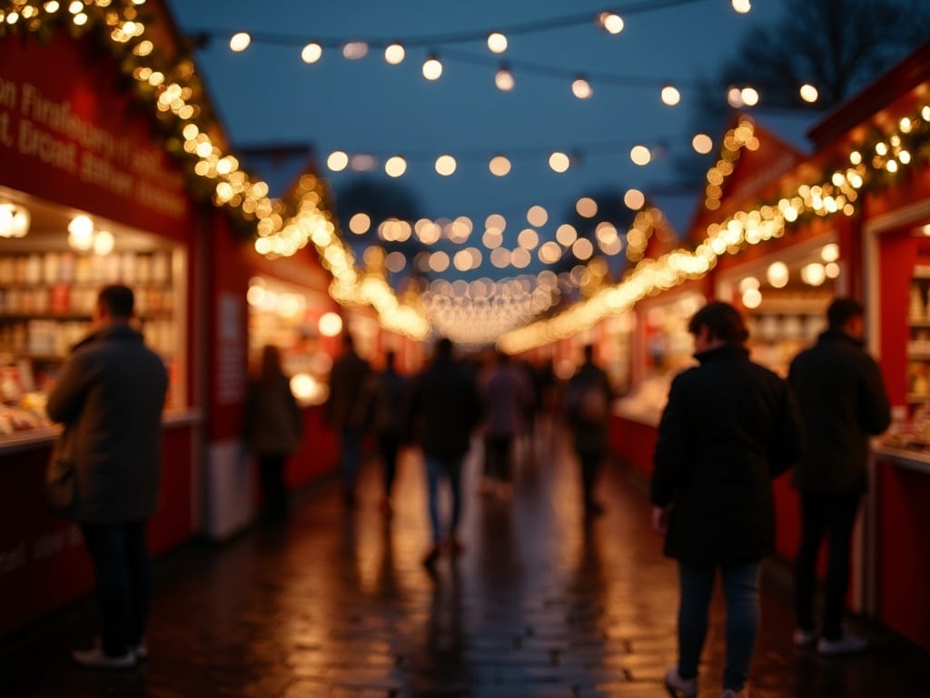 शाम को उत्सव की रोशनी से सजे यूके के एक आउटडोर क्रिसमस बाज़ार का परिवार द्वारा अन्वेषण