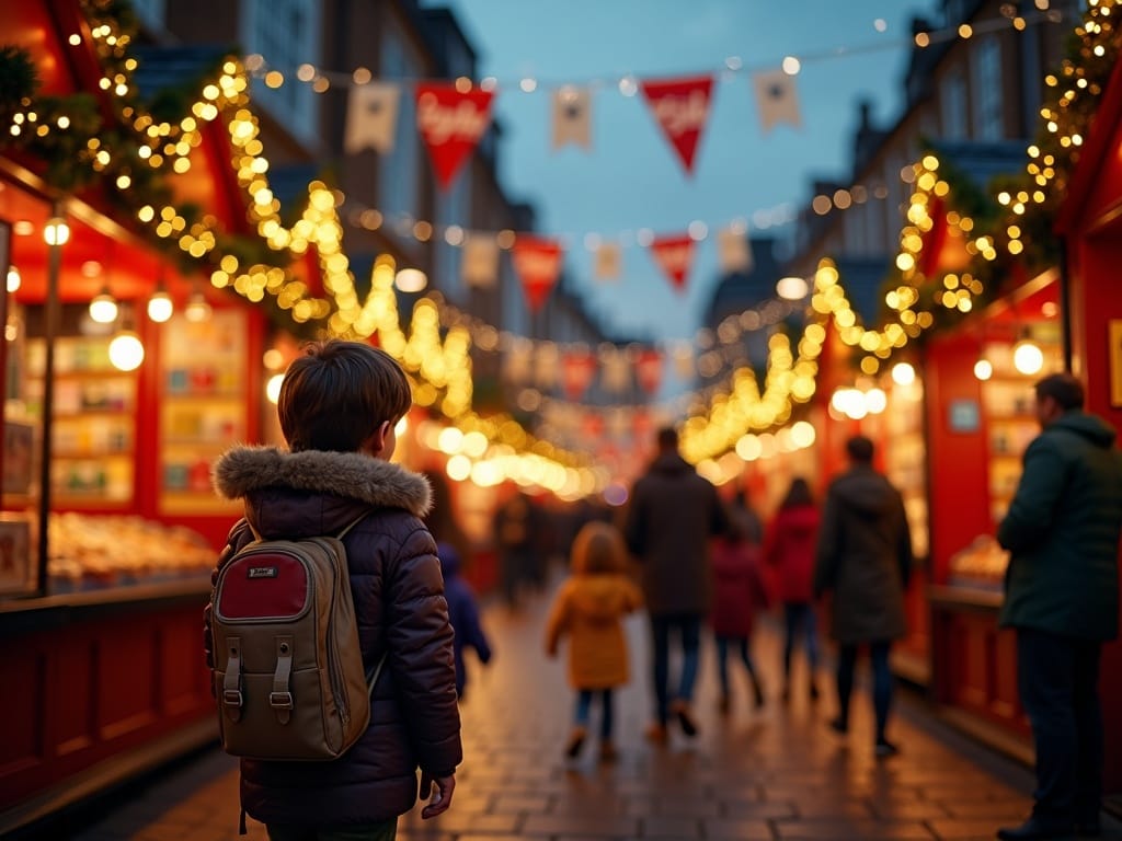 Семейство изследва празничния коледен пазар на открито в Обединеното кралство през нощта с цветни светлини