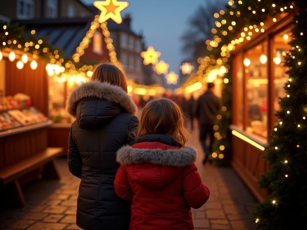 परिवार शाम की उत्सवी रोशनी में यूके के क्रिसमस बाज़ार की सैर कर रहा है।