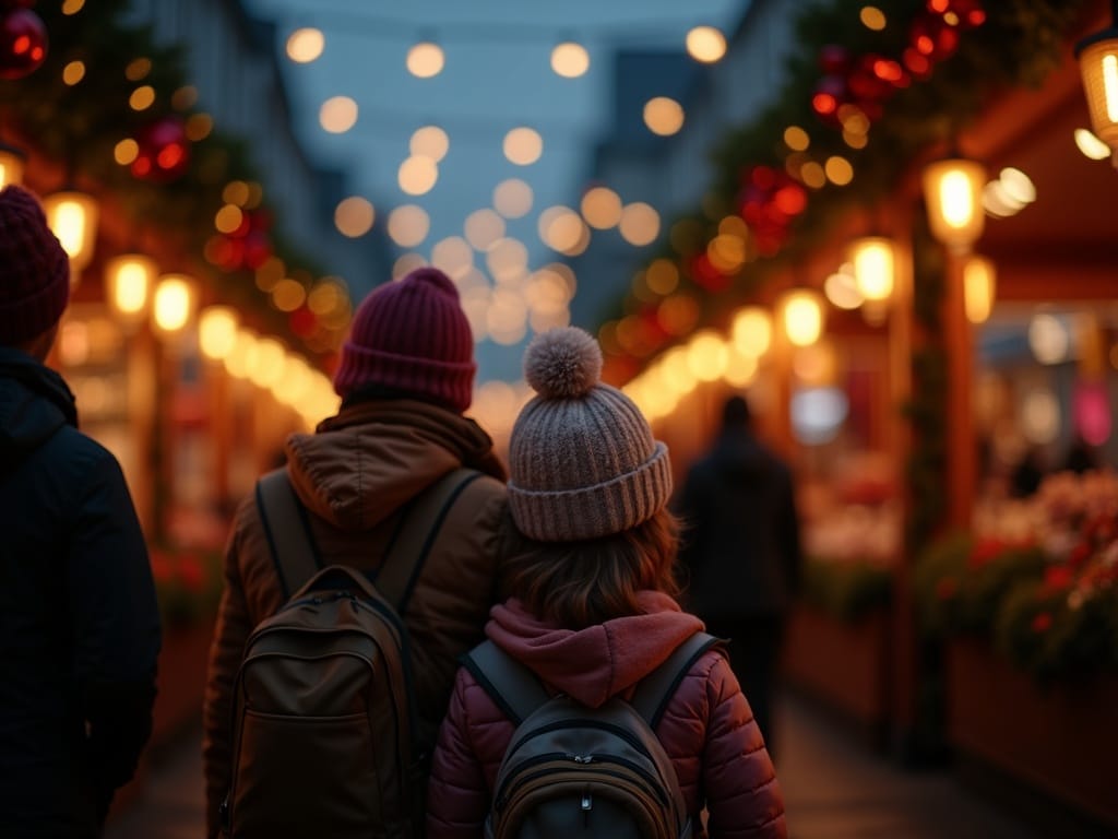 Family enjoying UK Christmas market with festive lights and cheer