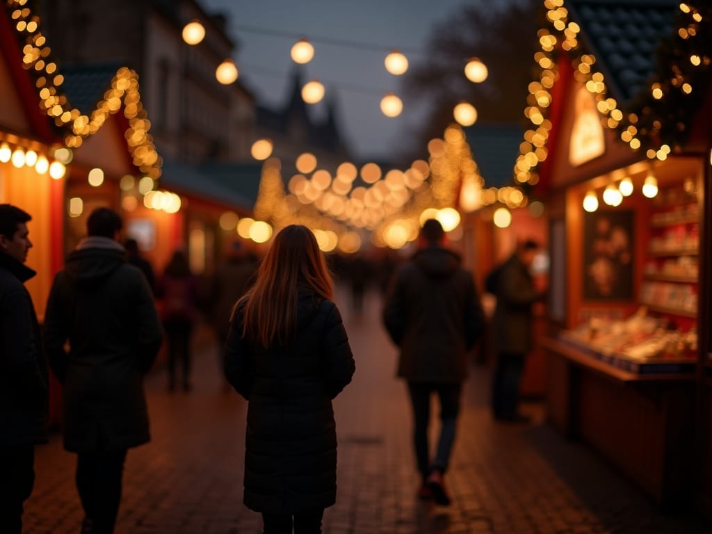 लाल, हरे और सुनहरे रंग की रोशनी से सजे उत्सवपूर्ण यूके क्रिसमस बाज़ार में टहलता हुआ परिवार