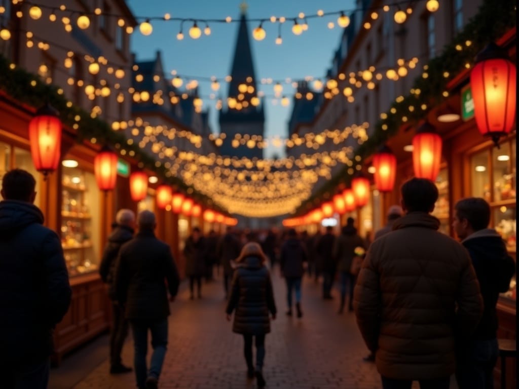 परिवार यूके के एक क्रिसमस बाज़ार में रोशनी के साथ उत्सव की शाम का आनंद ले रहा है।