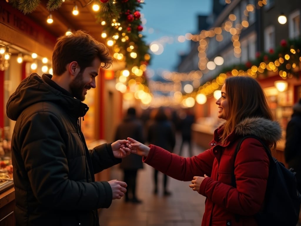 Family at UK Christmas market under festive lights using contactless payment