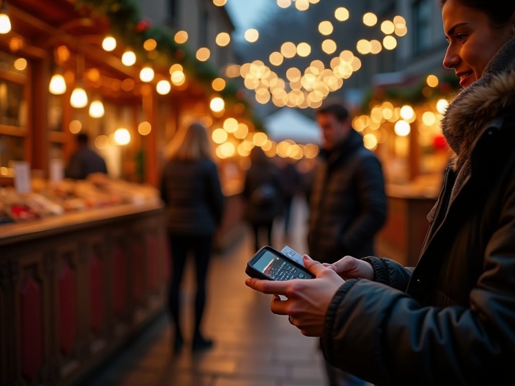 Familie handler på UK julemarked med festlige lys om aftenen