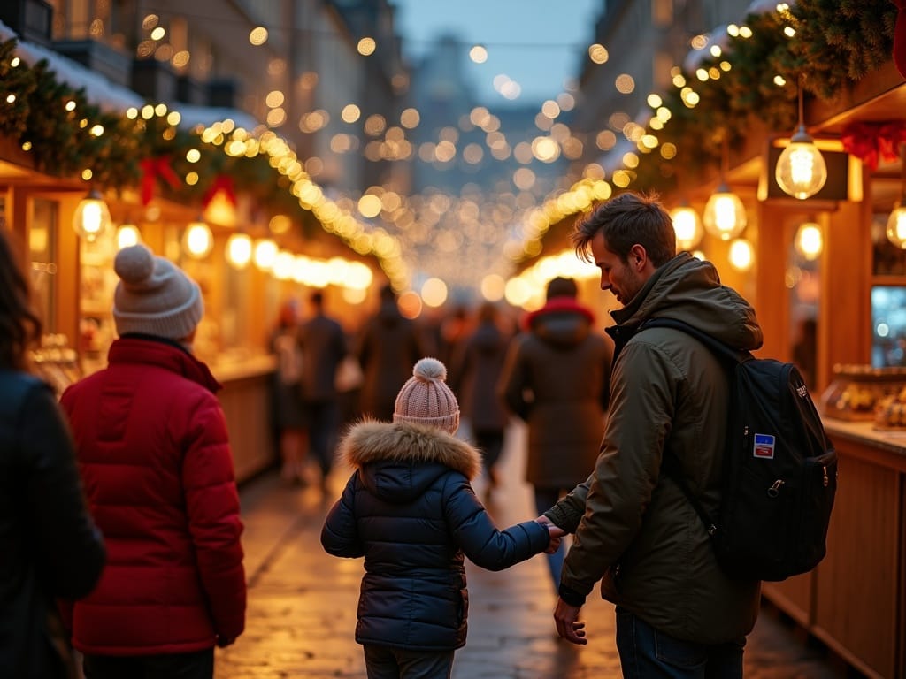 Una família explorant el mercat de Nadal a Londres amb les llums del vespre i les decoracions festives.