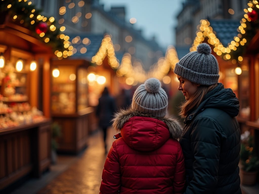 一家人在英国圣诞市场的节日彩灯下度过美好夜晚