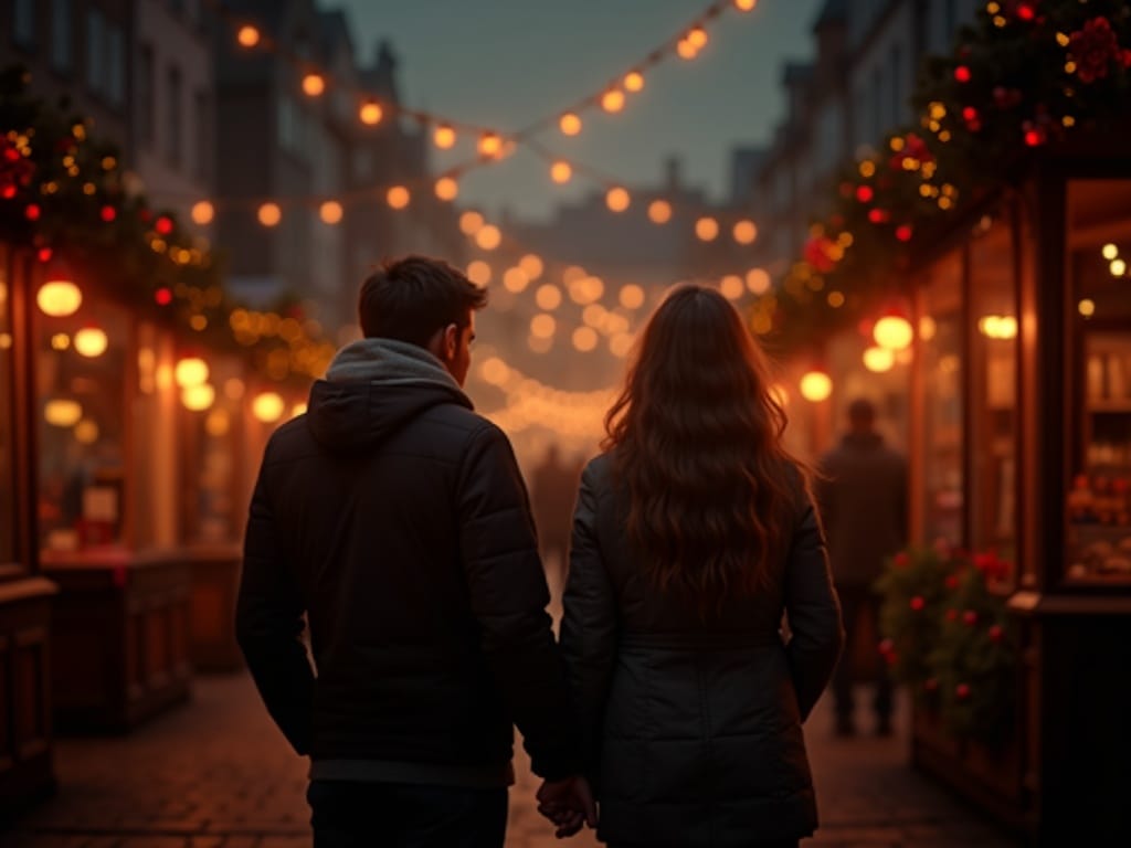 英国圣诞集市上的一家人在户外享受节日夜晚的灯光