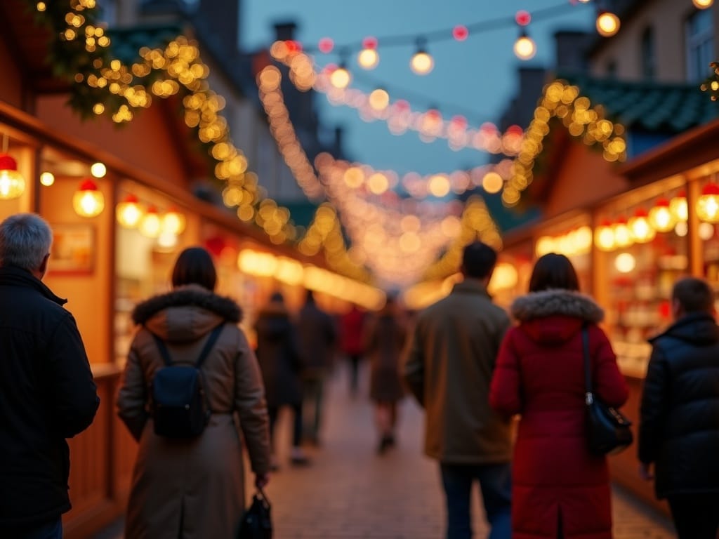 Rodzina odwiedzająca świąteczny jarmark bożonarodzeniowy w Londynie z czerwonymi, zielonymi i złotymi światłami podczas zimowego wieczoru