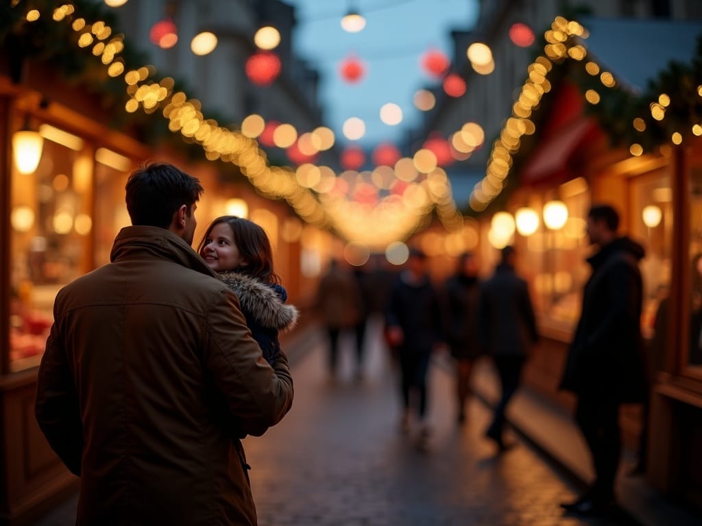 परिवार झिलमिलाती शाम की रोशनी और छुट्टियों की सजावट वाले उत्सवपूर्ण यूके क्रिसमस बाज़ार का अन्वेषण कर रहा है।