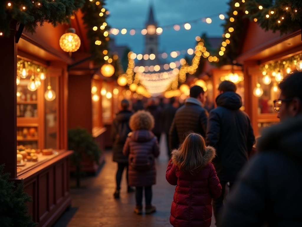 Család a brit karácsonyi piacon élvezi az ünnepi fények egy esti estét szabadban