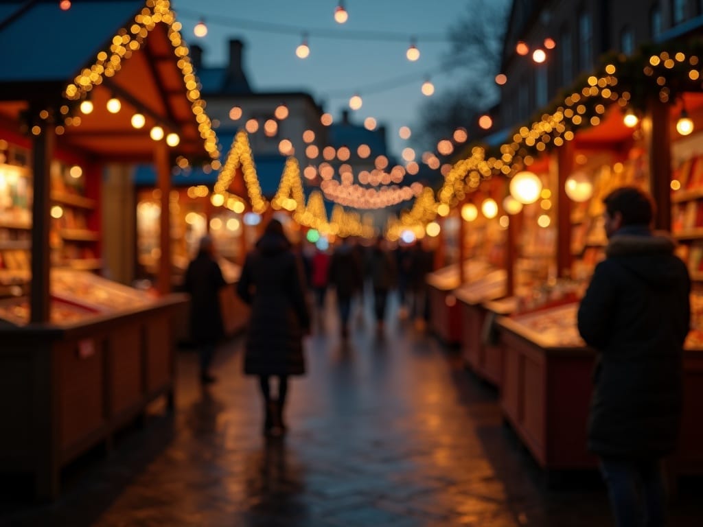 Šeima mėgaujasi Jungtinės Karalystės Kalėdų turgumi su šventinėmis lemputėmis vakare