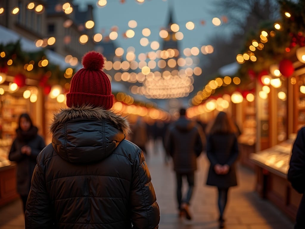 Famille faisant du shopping sur un marché de Noël en plein air à Londres, éclairé par des lumières rouges, vertes et dorées.