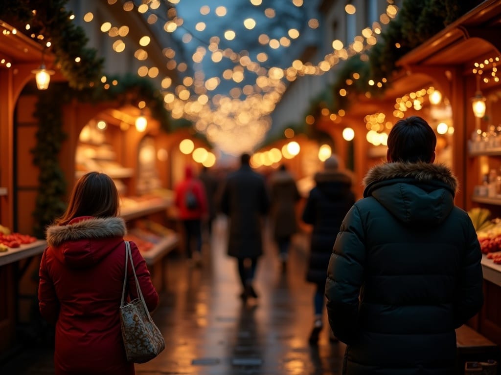 Famille visitant le marché festif de Noël à Londres avec des lumières rouges, vertes et dorées pendant une soirée d'hiver.