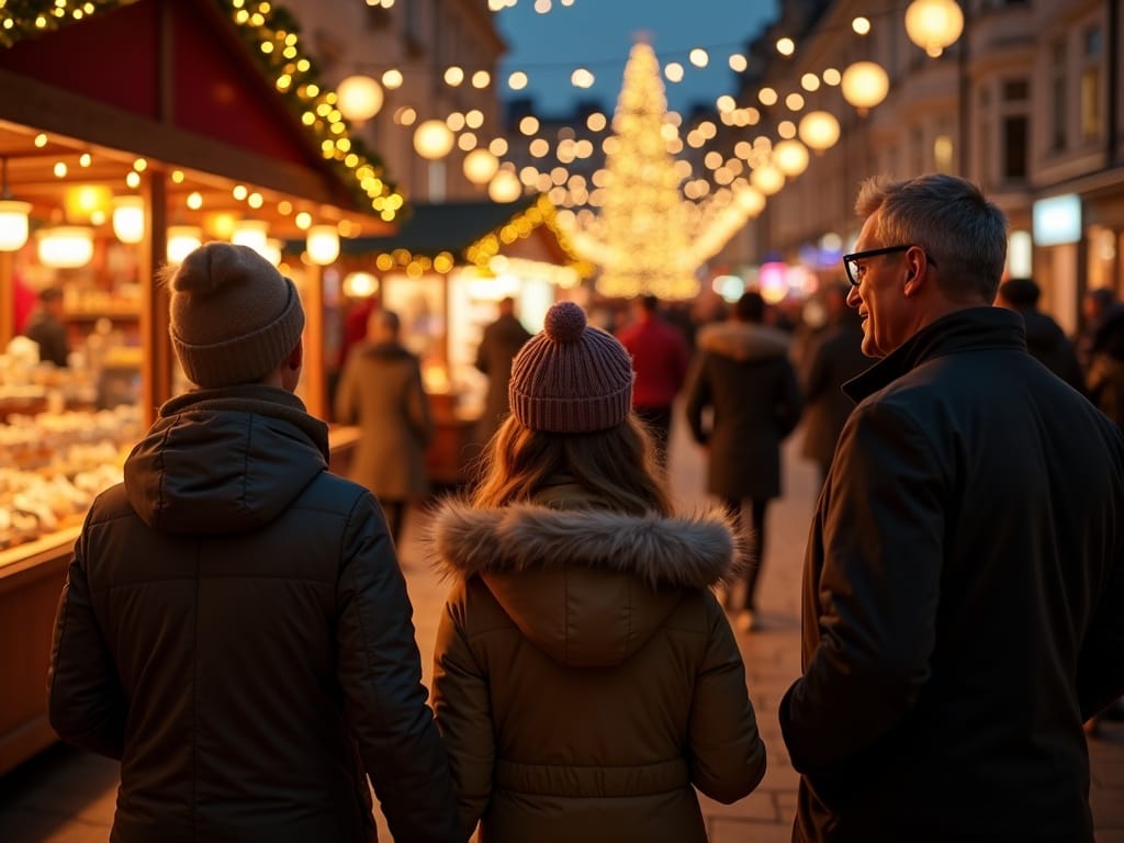शाम के दौरान UK क्रिसमस बाजार में परिवार, चारों ओर त्योहार की रोशनी