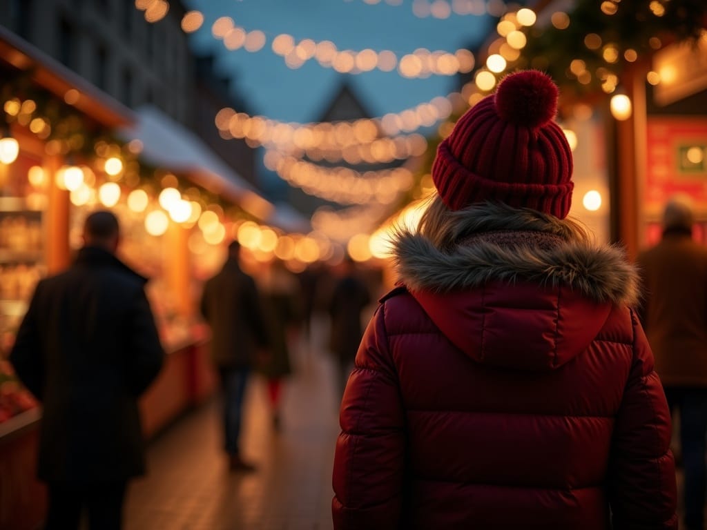 Rodina si užíva večer na vianočnom trhu v Spojenom kráľovstve so slávnostnými svetlami