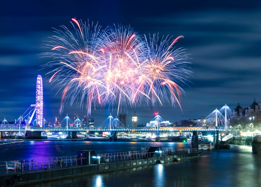 New Year's Eve fireworks bursting over the London Eye and the River Thames in 2026